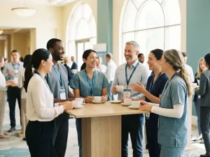Zorgprofessionals met naamkaartjes in gesprek rond een hoge tafel tijdens een congrespauze, koffie in hand, in een lichte moderne conferentiezaal.