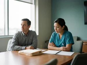 Twee zorgprofessionals in klinische kleding zitten gespannen tegenover elkaar aan een vergadertafel met mappen en notities.