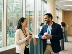 Twee zorgprofessionals in gesprek onder het genot van koffie tijdens een congrespauze, naamkaartjes zichtbaar, lichte moderne foyer op de achtergrond.