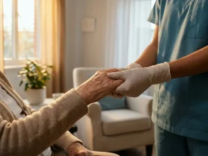 Zorgverlener in scrubs houdt zachtjes de hand van een oudere patiënt vast in een rustige zorgkamer, warm natuurlijk licht.