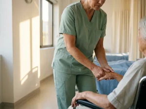 Zorgverlener in scrubs houdt zachtjes de hand van een patiënt vast in een rustige klinische ruimte met warm middaglicht.