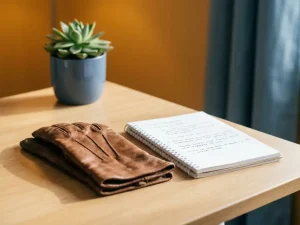 Therapeutennotitieblok en versleten leren handschoenen van een zorgverlener op een klinisch bureau, zachte natuurlijke belichting.
